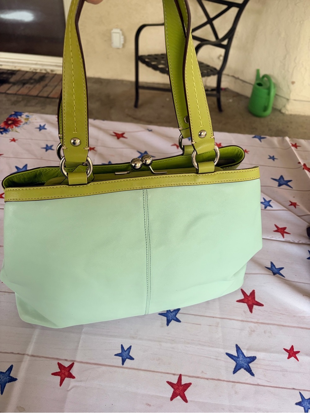 Coach Vintage Kisslock Leather Frame Satchel Bag Mint & Lime Green Y2K - Picture 8 of 11